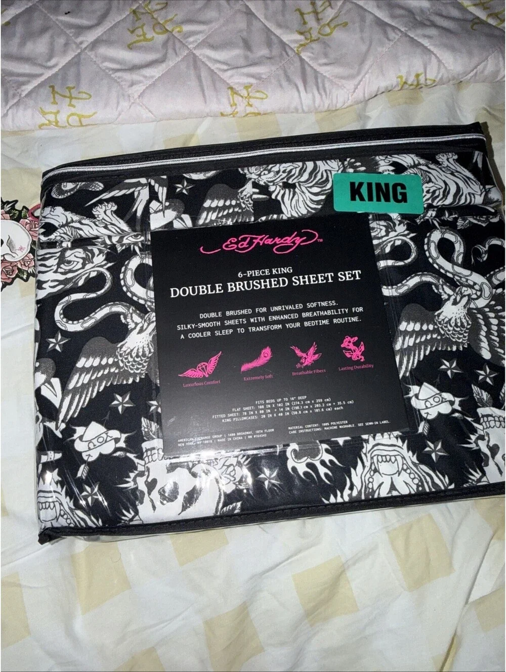 Ed Hardy New King 6 Pc Sheet Set Halloween Skulls Snakes Black White